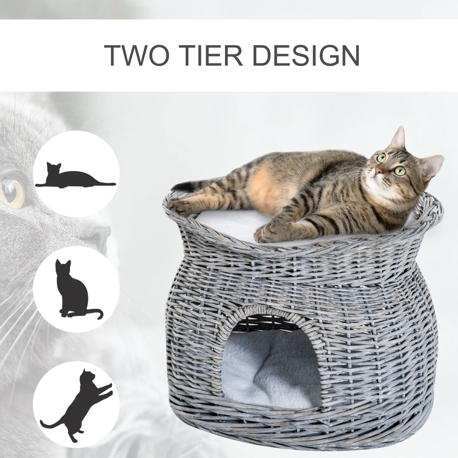 2-Tier Elevated Cat Bed Basket W/Cushion-Grey