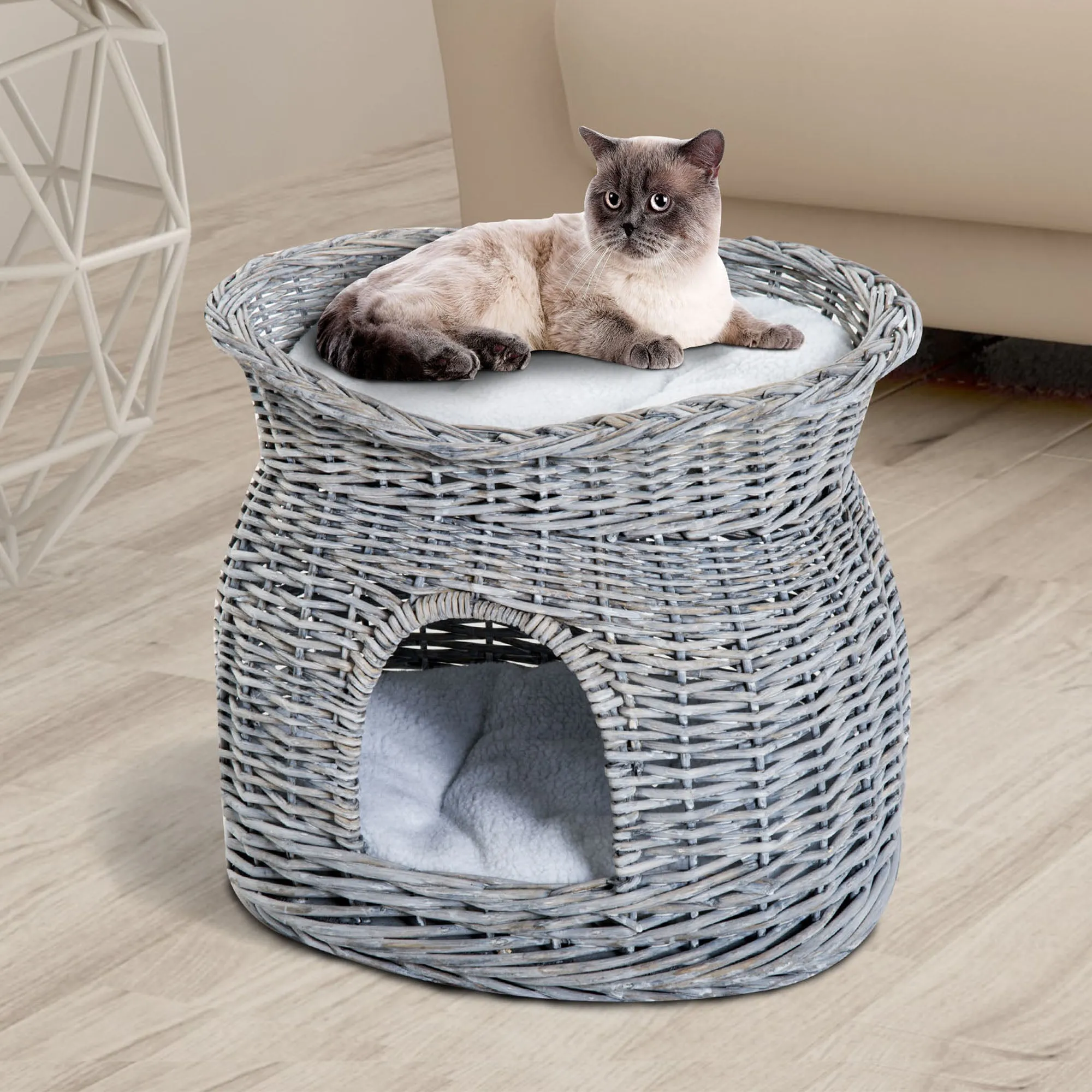 2-Tier Elevated Cat Bed Basket W/Cushion-Grey