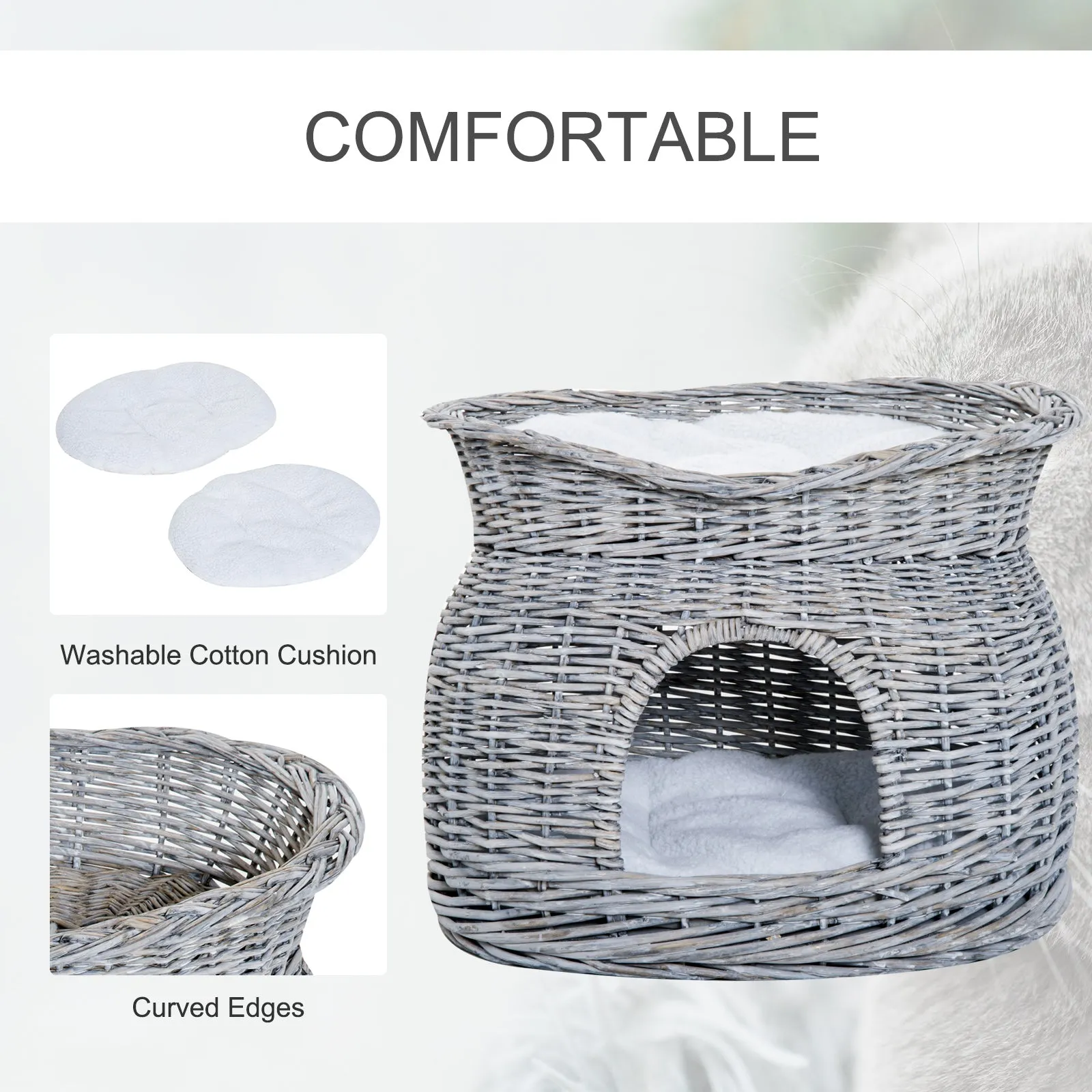 2-Tier Elevated Cat Bed Basket W/Cushion-Grey