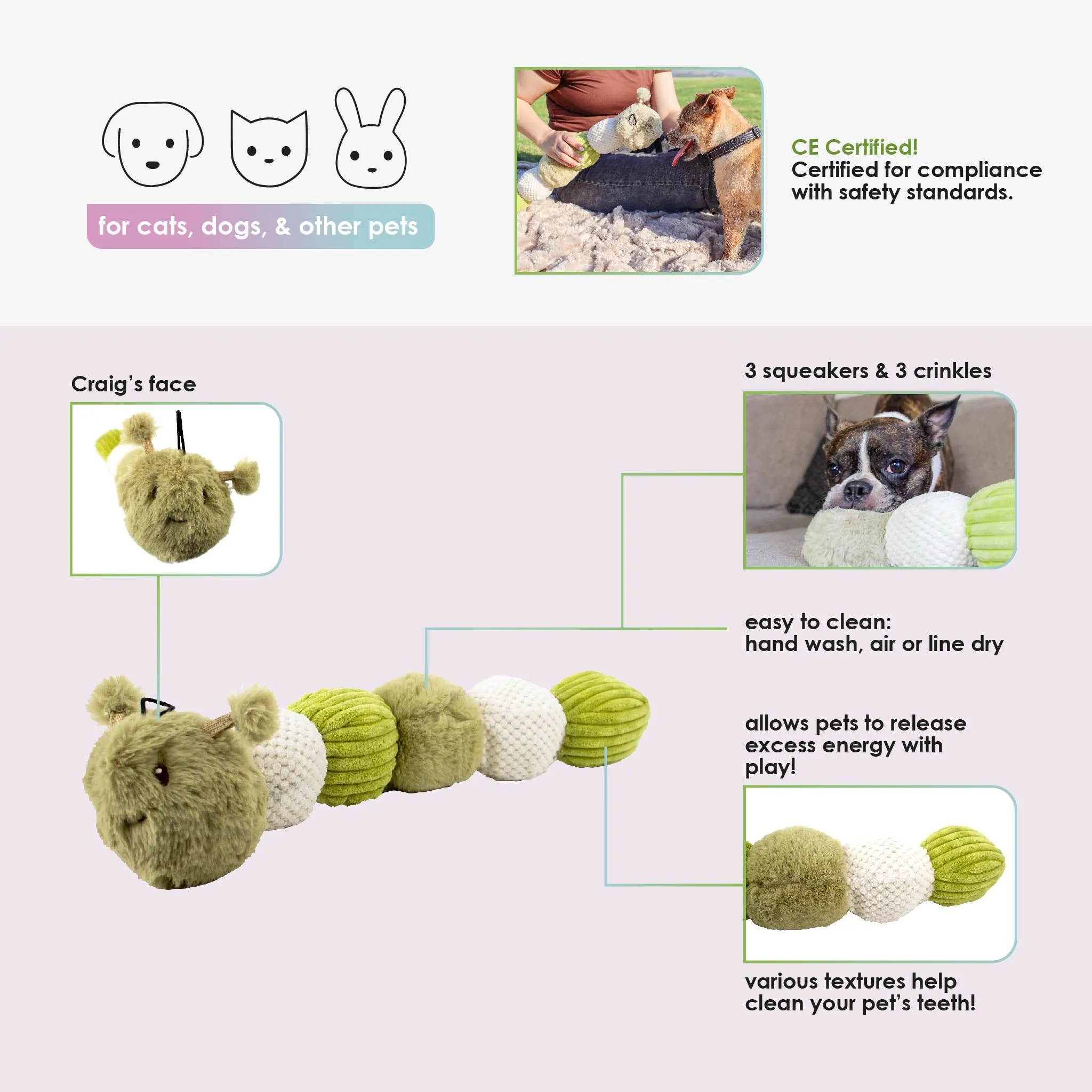 Craig the Tough Hemp Caterpillar Dog Toy: Durable Squeaky Balls, Crinkle Material for Interactive Play, Eco-Friendly Hemp Antennas, Reduces Boredom & Destructive Behavior