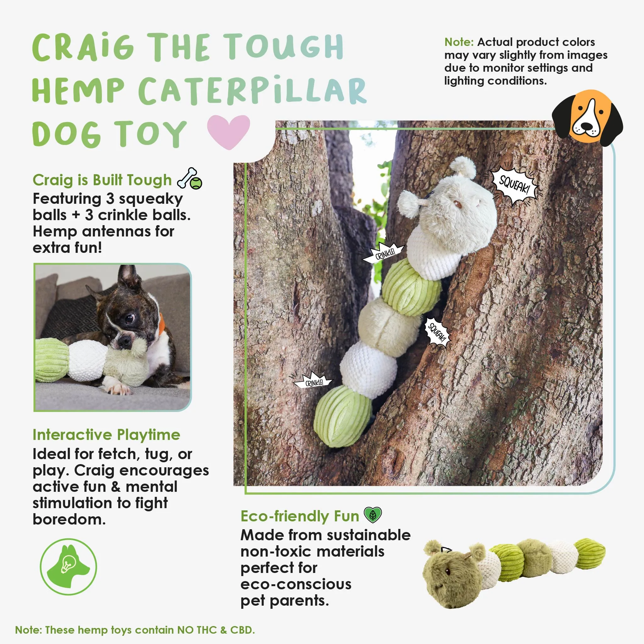 Craig the Tough Hemp Caterpillar Dog Toy: Durable Squeaky Balls, Crinkle Material for Interactive Play, Eco-Friendly Hemp Antennas, Reduces Boredom & Destructive Behavior