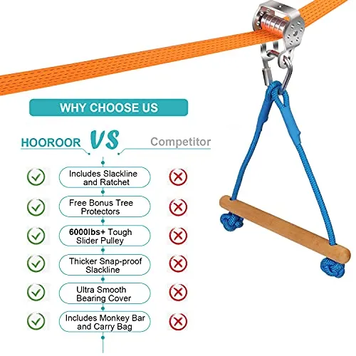 hooroor Slackline Pulley with 52FT Zipline, Tree Climbing Holds, Monkey Bar, Most Accessory for Ninja Warrior Obstacle Course for Kids&Adults Backyard,Outdoor Toys Playset Jungle Gym