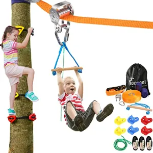 hooroor Slackline Pulley with 52FT Zipline, Tree Climbing Holds, Monkey Bar, Most Accessory for Ninja Warrior Obstacle Course for Kids&Adults Backyard,Outdoor Toys Playset Jungle Gym