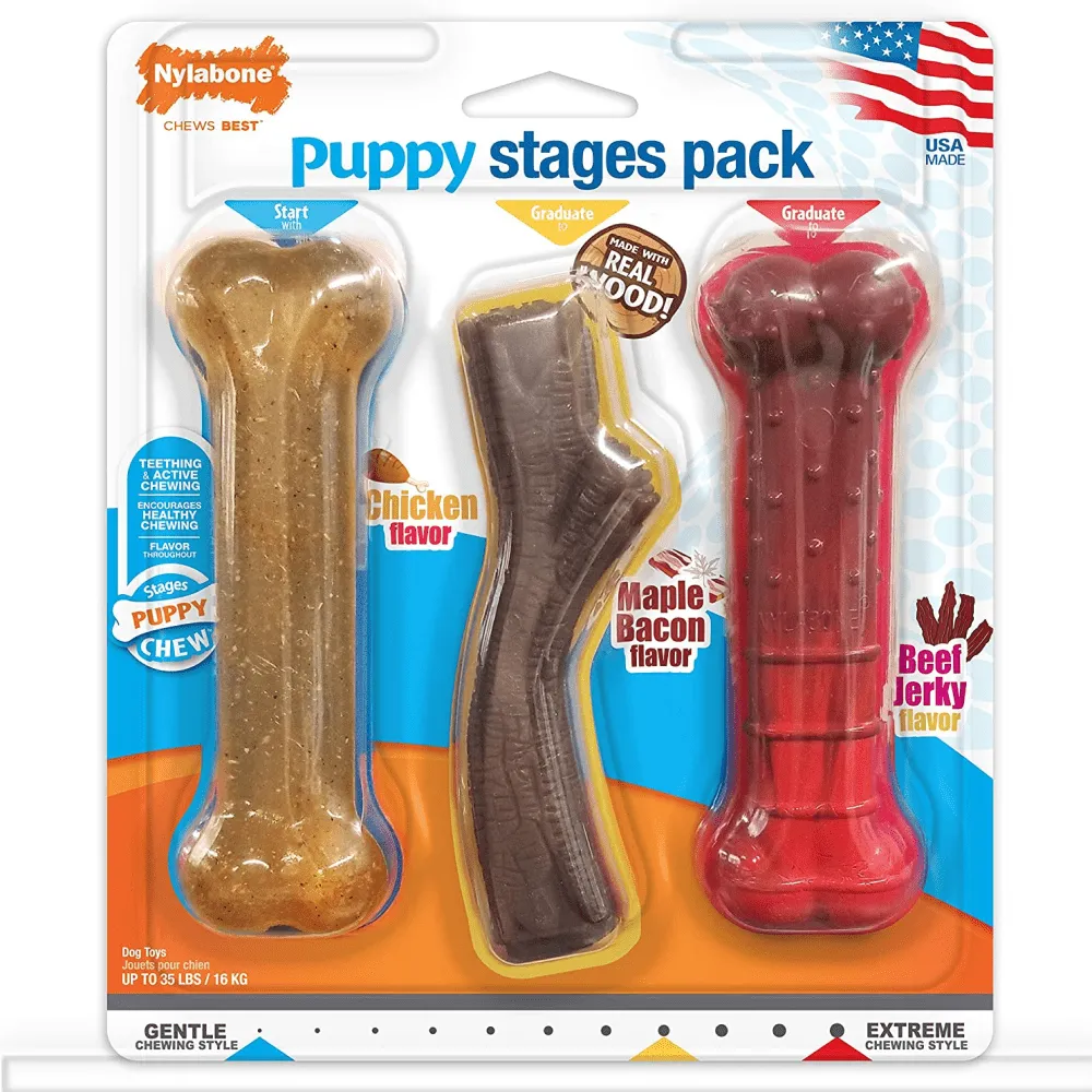 Nylabone Puppy Teething Chicken,Maple Bacon and Beef Jerky Flavoured Chew Stage Toy for Dogs (Brown/Red)