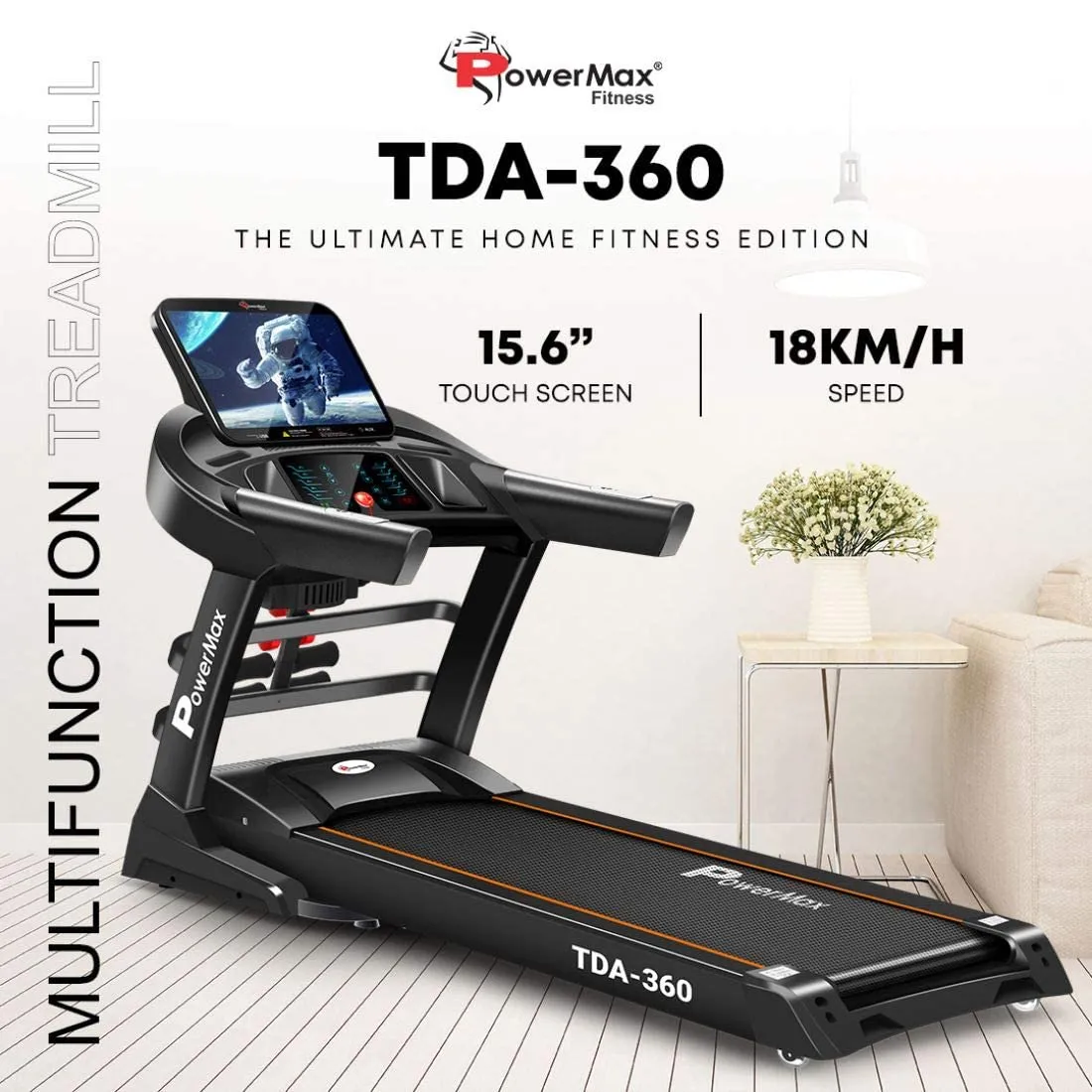 TDM-360(6HP Peak) Multi-Function Treadmill for Home Use with Massager |15.6 HD Display?Max User Wt. 140kg|15 Level Auto Incline|Top Speed:18 Km/hr|Spring Resistance |DIY |Do It Yourself